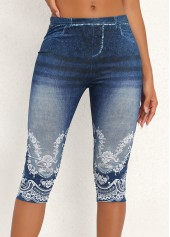 Denim Blue bottoms,Other bottoms,Floral bottoms,Denim Blue High Waisted Elastic Waist Capri Leggings