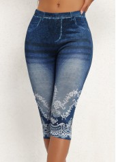 Denim Blue bottoms,Other bottoms,Floral bottoms,Denim Blue High Waisted Elastic Waist Capri Leggings