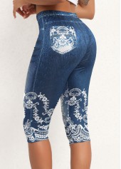 Denim Blue bottoms,Other bottoms,Floral bottoms,Denim Blue High Waisted Elastic Waist Capri Leggings