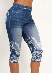 Jeansblaue Capri-Leggings mit hoher Taille und elastischem Bund