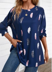 Navy tops,Animal Print tops,ROTITA Feathers Print Navy Round Neck Extra Long Sleeve Blouse