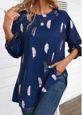 Navy tops,Animal Print tops,ROTITA Feathers Print Navy Round Neck Extra Long Sleeve Blouse