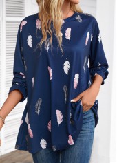 Navy tops,Animal Print tops,ROTITA Feathers Print Navy Round Neck Extra Long Sleeve Blouse