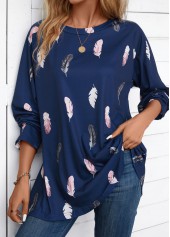 Navy tops,Animal Print tops,ROTITA Feathers Print Navy Round Neck Extra Long Sleeve Blouse