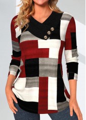 Rotita Patchwork-Sweatshirt mit geometrischem Print und asymmetrischem Halsausschnitt in Weinrot