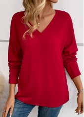 Wine Red tops,Plain Color tops,Button Wine Red V Neck Long Sleeve T Shirt