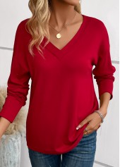 Wine Red tops,Plain Color tops,Button Wine Red V Neck Long Sleeve T Shirt