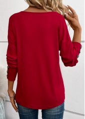Wine Red tops,Plain Color tops,Button Wine Red V Neck Long Sleeve T Shirt
