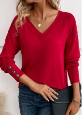 Wine Red tops,Plain Color tops,Button Wine Red V Neck Long Sleeve T Shirt