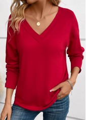 Wine Red tops,Plain Color tops,Button Wine Red V Neck Long Sleeve T Shirt