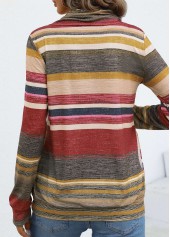Coral tops,Striped tops,Geometric tops,ROTITA Drawstring Multi Stripe Print Coral Cowl Neck T Shirt
