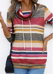 Coral tops,Striped tops,Geometric tops,ROTITA Drawstring Multi Stripe Print Coral Cowl Neck T Shirt