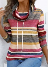 Coral tops,Striped tops,Geometric tops,ROTITA Drawstring Multi Stripe Print Coral Cowl Neck T Shirt