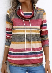 Coral tops,Striped tops,Geometric tops,ROTITA Drawstring Multi Stripe Print Coral Cowl Neck T Shirt