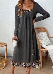 Dark Grey dresses,Leopard dresses,Everyday dresses,Casual dresses,ROTITA Tummy Coverage Leopard Dark Grey Square Neck Dress
