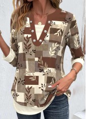 Dark Camel tops,Plants tops,Geometric tops,Striped tops,ROTITA Fake 2in1 Random Floral Print Dark Camel Blouse
