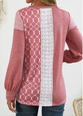 Pink tops,Geometric tops,Striped tops,ROTITA Patchwork Geometric Print Pink Round Neck Long Sleeve Sweatshirt