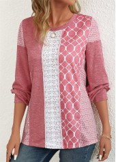 Pink tops,Geometric tops,Striped tops,ROTITA Patchwork Geometric Print Pink Round Neck Long Sleeve Sweatshirt