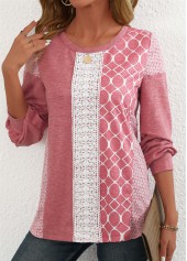 Pink tops,Geometric tops,Striped tops,ROTITA Patchwork Geometric Print Pink Round Neck Long Sleeve Sweatshirt