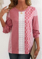 Pink tops,Geometric tops,Striped tops,ROTITA Patchwork Geometric Print Pink Round Neck Long Sleeve Sweatshirt