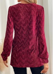 Wine Red tops,Plain Color tops,ROTITA Velvet Wine Red V Neck Long Sleeve Blouse