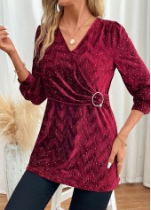 Wine Red tops,Plain Color tops,ROTITA Velvet Wine Red V Neck Long Sleeve Blouse