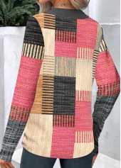 Multi Color tops,Plaid tops,Striped tops,ROTITA Button Plaid Multi Color Asymmetrical Neck Long Sleeve Sweatshirt