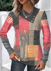 Multi Color tops,Plaid tops,Striped tops,ROTITA Button Plaid Multi Color Asymmetrical Neck Long Sleeve Sweatshirt
