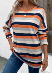 Multi Color tops,Striped tops,Patchwork Striped Multi Color Round Neck T Shirt