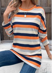 Multi Color tops,Striped tops,Patchwork Striped Multi Color Round Neck T Shirt