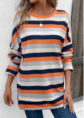 Multi Color tops,Striped tops,Patchwork Striped Multi Color Round Neck T Shirt