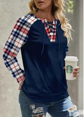 Navy plus size,Plaid plus size,Striped plus size,ROTITA Plus Size Patchwork Navy Plaid Round Neck Sweatshirt