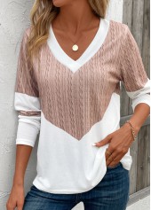 Light Camel tops,White tops,Contrast Color tops,Patchwork Geometric Print Light Camel V Neck T Shirt