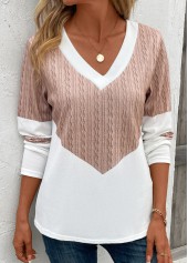 Light Camel tops,White tops,Contrast Color tops,Patchwork Geometric Print Light Camel V Neck T Shirt