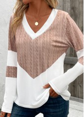 Light Camel tops,White tops,Contrast Color tops,Patchwork Geometric Print Light Camel V Neck T Shirt