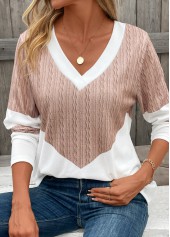 Light Camel tops,White tops,Contrast Color tops,Patchwork Geometric Print Light Camel V Neck T Shirt