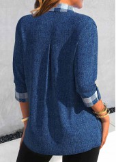 Denim Blue tops,Plaid tops,Striped tops,ROTITA Fake 2in1 Plaid Denim Blue Shirt Collar Blouse