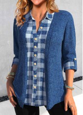 Denim Blue tops,Plaid tops,Striped tops,ROTITA Fake 2in1 Plaid Denim Blue Shirt Collar Blouse