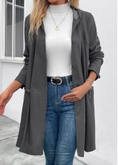 Dark Grey tops,Plain Color tops,ROTITA Pocket Dark Grey Hooded Long Sleeve Coat