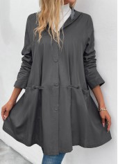 Dark Grey tops,Plain Color tops,ROTITA Pocket Dark Grey Hooded Long Sleeve Coat