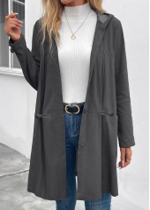 Dark Grey tops,Plain Color tops,ROTITA Pocket Dark Grey Hooded Long Sleeve Coat
