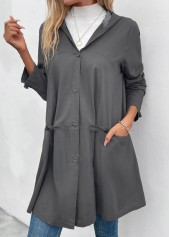 Dark Grey tops,Plain Color tops,ROTITA Pocket Dark Grey Hooded Long Sleeve Coat
