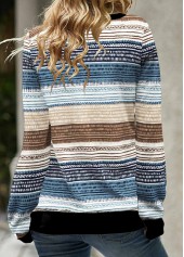 Blue tops,Multi Color tops,Geometric tops,Striped tops,ROTITA Geometric Print Blue Cowl Neck Long Sleeve Sweatshirt