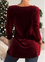 Wine Red tops,Plain Color tops,ROTITA Patchwork Wine Red Heart Collar Long Sleeve T Shirt