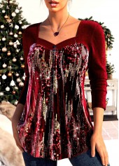 Wine Red tops,Plain Color tops,ROTITA Patchwork Wine Red Heart Collar Long Sleeve T Shirt