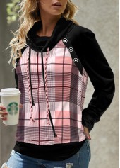 ROTITA Patchwork Plaid Pink Cowl Neck Long Sleeve Sweatshirt