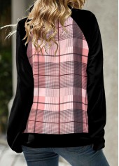 Pink tops,Black tops,Plaid tops,Striped tops,ROTITA Patchwork Plaid Pink Cowl Neck Long Sleeve Sweatshirt