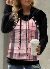 Pink tops,Black tops,Plaid tops,Striped tops,ROTITA Patchwork Plaid Pink Cowl Neck Long Sleeve Sweatshirt