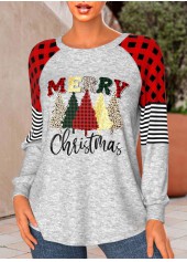 Red tops,Christmas tops,Letter tops,Plants tops,Geometric tops,ROTITA Patchwork Christmas Print Red Round Neck T Shirt