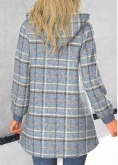 Dusty Blue tops,Plaid tops,Striped tops,ROTITA Zipper Plaid Dusty Blue Hooded Long Sleeve Coat